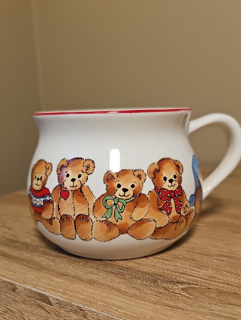 Vintage Enesco Lucy & Me White Ceramic Mug with Cute Bear Row and Red Rim